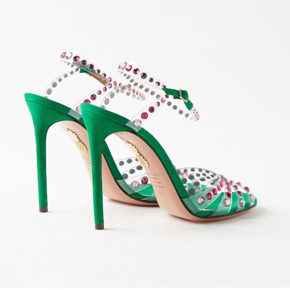 NW Aquazurra Olympia 105mm sandal. Green suede with Red crystal embellishments - Picture 3 of 4